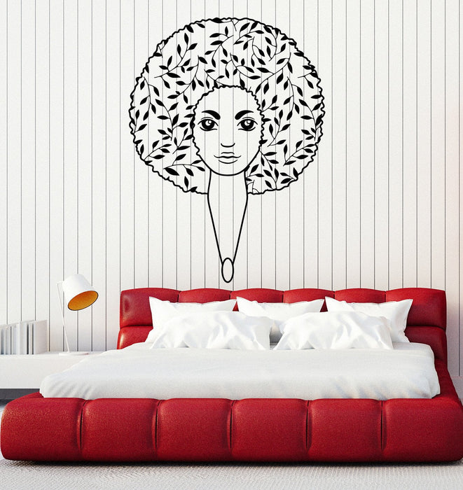 Vinyl Wall Decal Afro Hairstyle Leaves Beauty Salon Beautiful Woman Stickers Mural Unique Gift (ig5000)