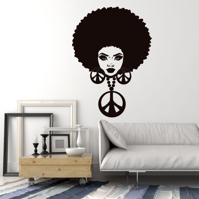 Vinyl Wall Decal Hippie Black Lady Peace Sign Sexy Woman Hair Stickers Mural Unique Gift (ig5172)