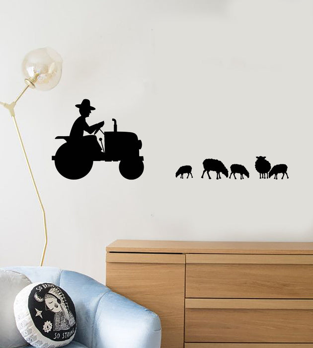 Vinyl Wall Decal Farmer Tractor Animals Sheeps Farm Kids Room Stickers Mural Unique Gift (ig5107)