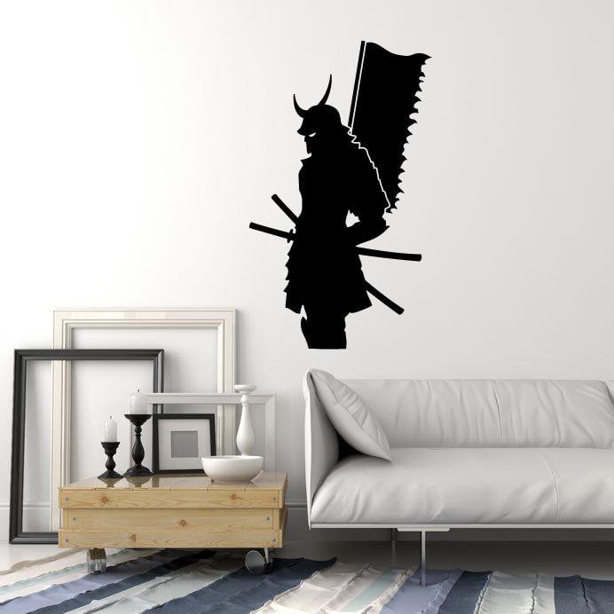 Vinyl Wall Decal Silhouette Samurai Warrior with Flag Japanese Art Stickers Mural Unique Gift (ig5101)
