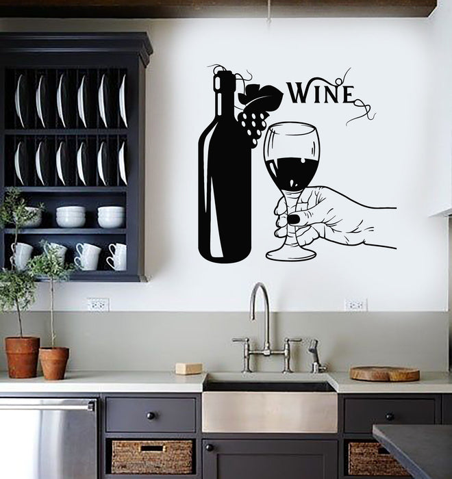 Vinyl Wall Decal Wine Bottle Hand Glass Grapes Restaurant Alcohol Stickers Mural Unique Gift (ig5209)