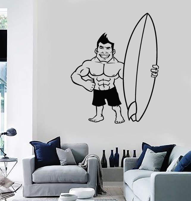 Wall Stickers Vinyl Decal Surfing Muscle Guy With Surfboard Ocean Beach  (z1928)