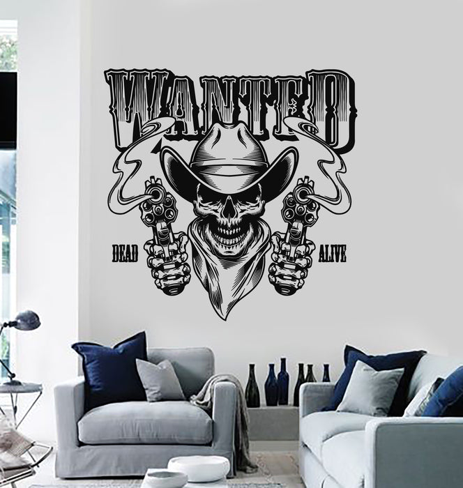 Vinyl Wall Decal Wanted Criminal Dead Alive Texas Skull Cowboy Stickers Mural (g4553)