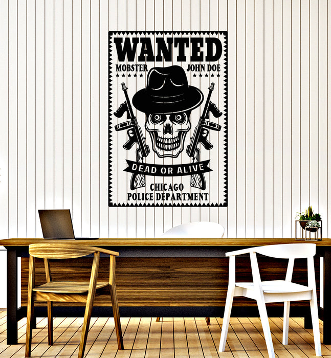 Vinyl Wall Decal Wanted Criminal Sought Chicago Gangster Skull Stickers Mural (g4041)