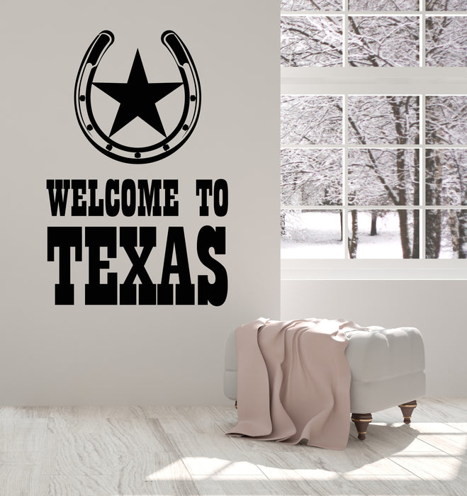 Welcome to Texas Vinyl Wall Decal Lettering Star Horseshoe Stickers Mural (k058)