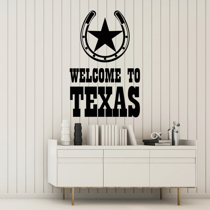 Welcome to Texas Vinyl Wall Decal Lettering Star Horseshoe Stickers Mural (k058)