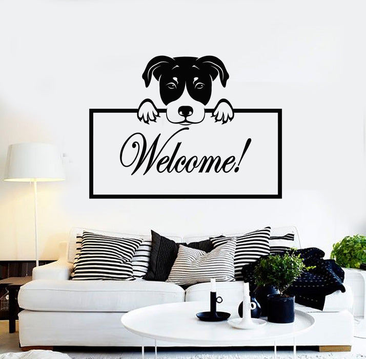 Vinyl Wall Decal Welcome Lettering House Decor Cute Dog Head Stickers Mural (g3355)