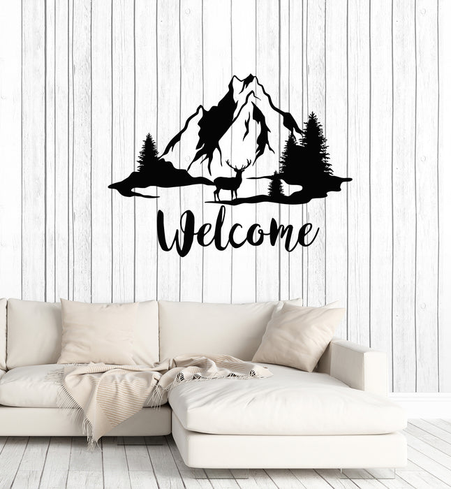 Vinyl Wall Decal Mountain Trees Deer Nature Welcome Stickers Mural (g3990)