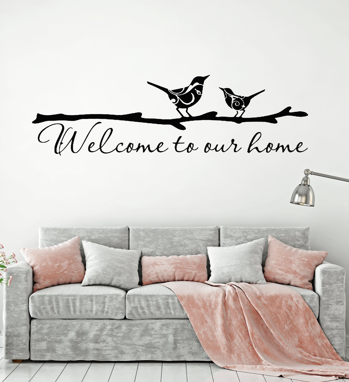 Autocollants Muraux Miroir 3D Bleu « Welcome To Our Home » + Papillons & Vignes - Décoration Amovible Salon, Entrée, Porte