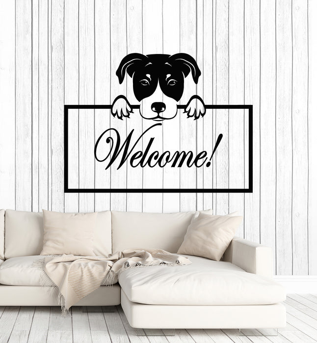 Vinyl Wall Decal Welcome Lettering House Decor Cute Dog Head Stickers Mural (g3355)