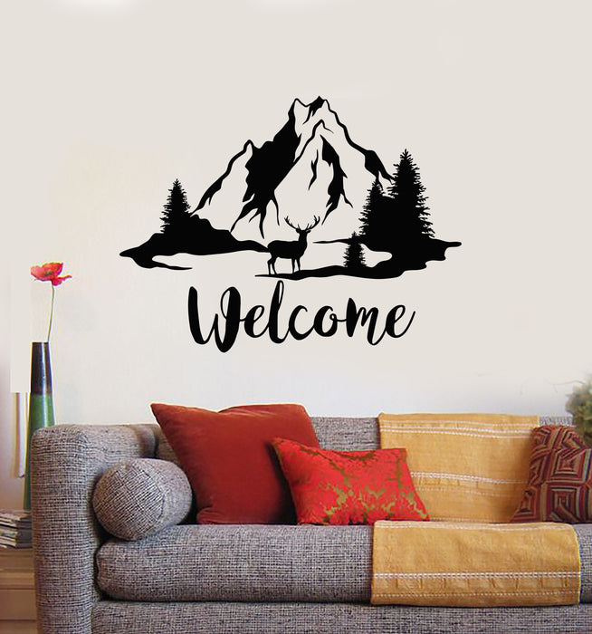 Vinyl Wall Decal Mountain Trees Deer Nature Welcome Stickers Mural (g3990)