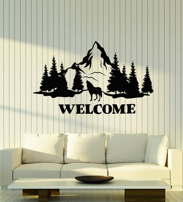 Vinyl Wall Decal Welcome Home Mountains Howls Wolf Nature Stickers Mural (g3993)