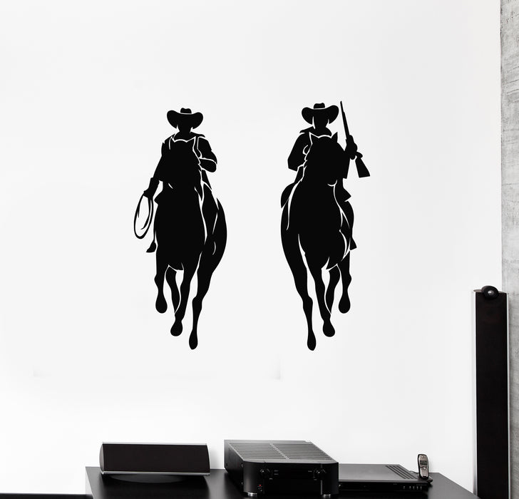 Vinyl Wall Decal Western Style Couple Cowboy Horseback Lasso Gun Stickers Mural (g1804)