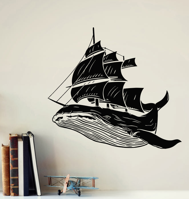 Vinyl Wall Decal Whale Fish Ship Sea Weaves Marine Kids Decor Stickers Mural (g7227)