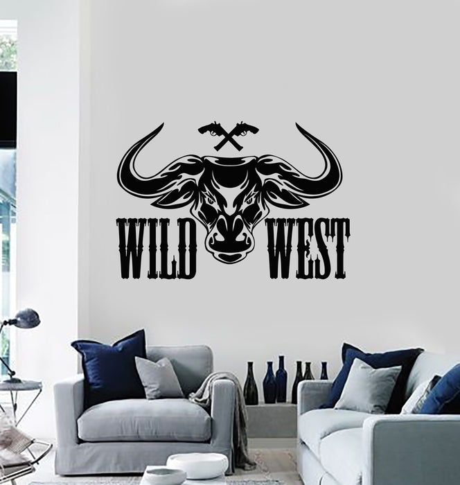 Vinyl Wall Decal Wild West Gun Bull Head Texas Rodeo Stickers Mural (g1706)