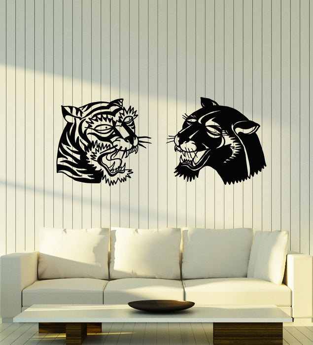 Vinyl Wall Decal Wild Animals Two Cats Head Panther Tiger Stickers Mural (g3232)
