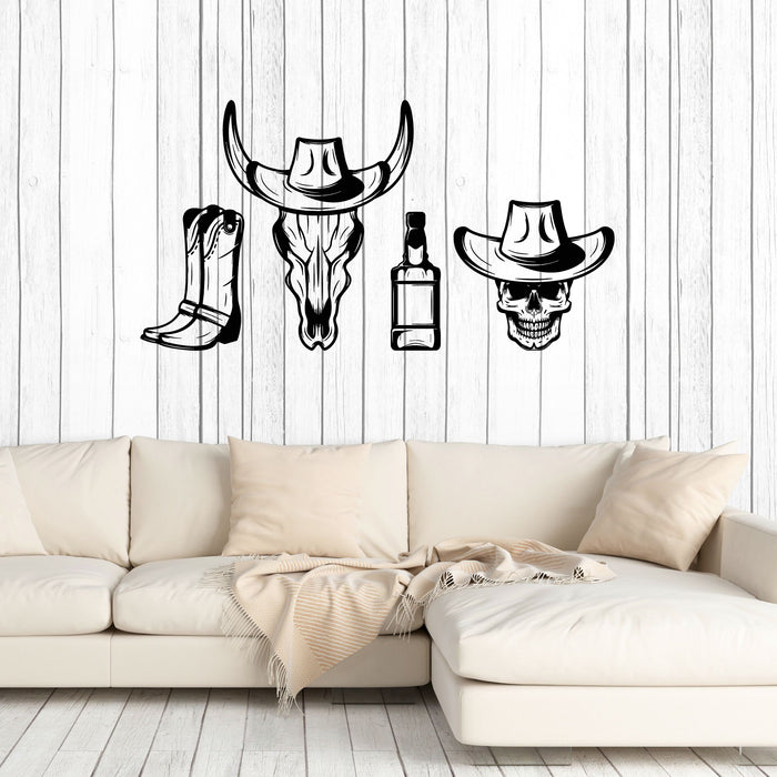 Vinyl Wall Decal Skull Cattle Bones Hat Whiskey Collection Cowboy Stickers Mural (g8476)