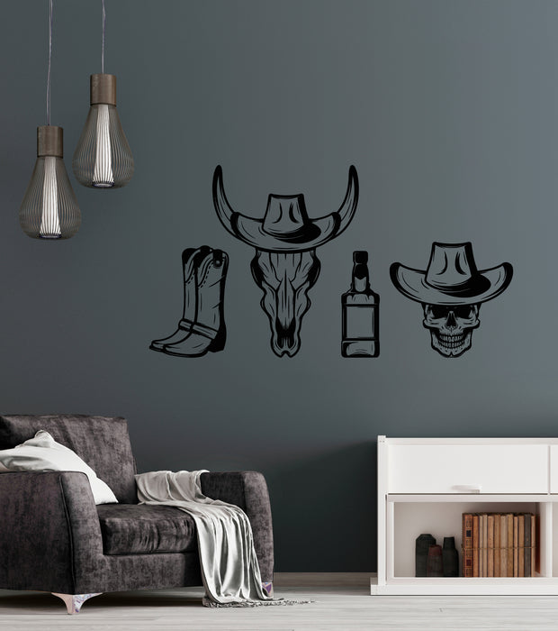 Vinyl Wall Decal Skull Cattle Bones Hat Whiskey Collection Cowboy Stickers Mural (g8476)