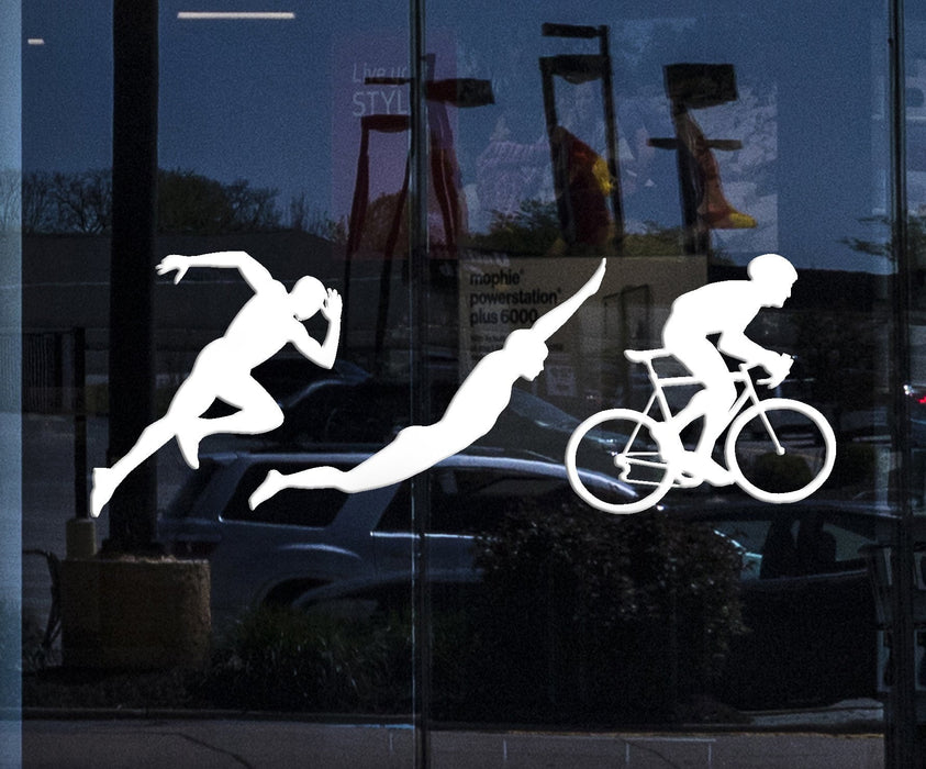 Window Vinyl Wall Decal Triathlon Sports Silhouettes Athlete Running Swimming Cycling Stickers Mural (ig5246w)