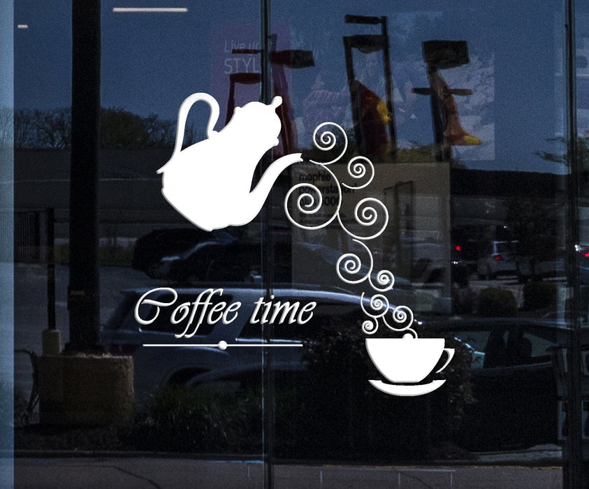 Window Vinyl Wall Decal Coffee Time Logo Kettle Cup Hot Drink Stickers Unique Gift (2012igw)
