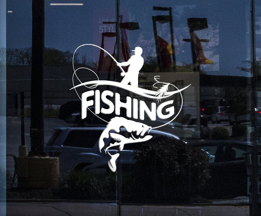 Window Vinyl Wall Decal Fisherman Fishing Rod Big Fish Logotype Stickers (2187igw)