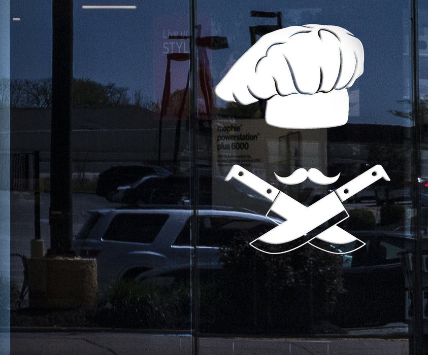 Window Sign for Business Vinyl Wall Decal Chef Hat Kitchen Decor Mustache Knives Stickers (2176igw)