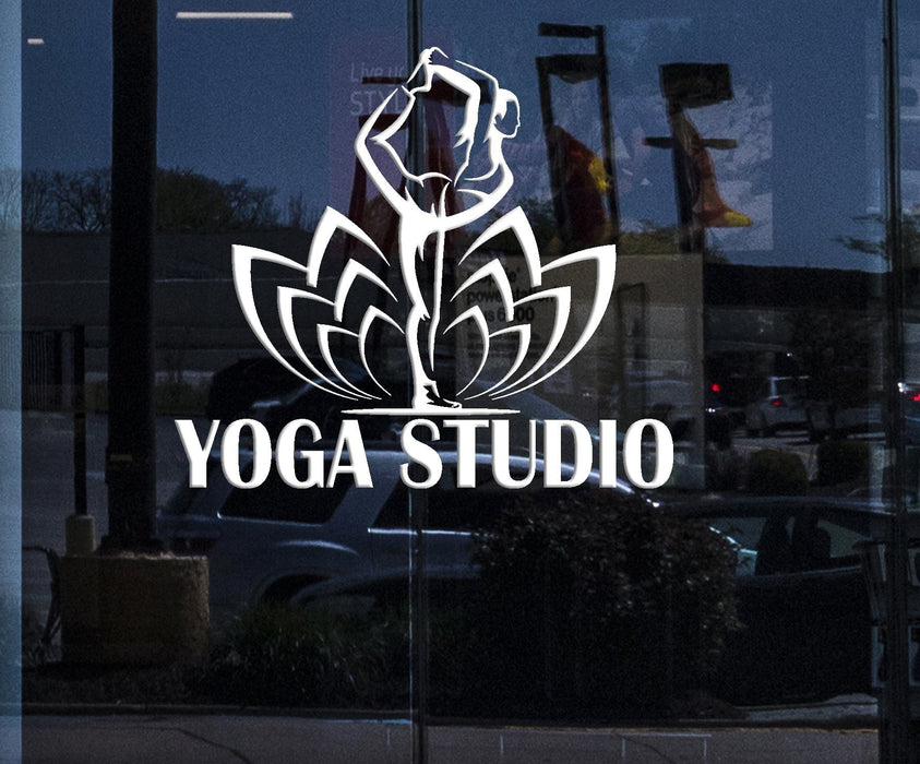 Window Sign for Business Vinyl Wall Decal Yoga Studio Logo Pose Lotus Flower Stickers (2323igw)