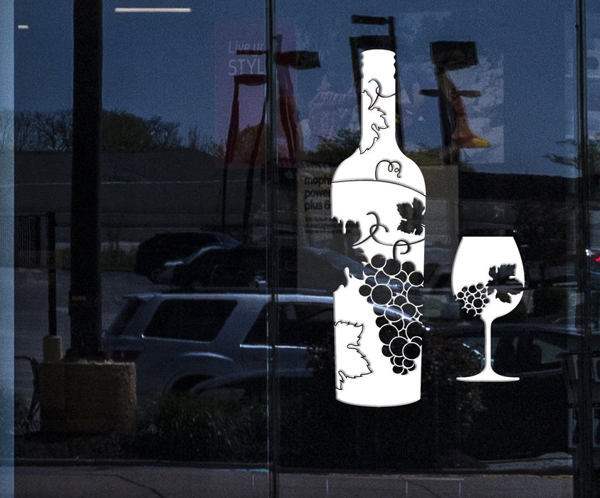 Window Vinyl Wall Decal Wine Bottle Glass Grapes Bar Alcohol Stickers Mural Unique Gift (ig4173w)