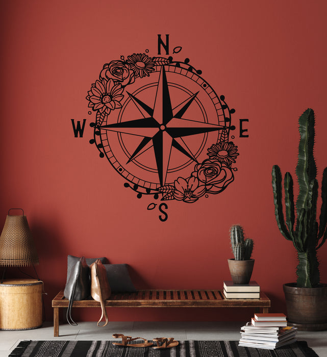 Vinyl Wall Decal Floral Compass Rose of Wind Travel Adventure Stickers Mural (g7201)