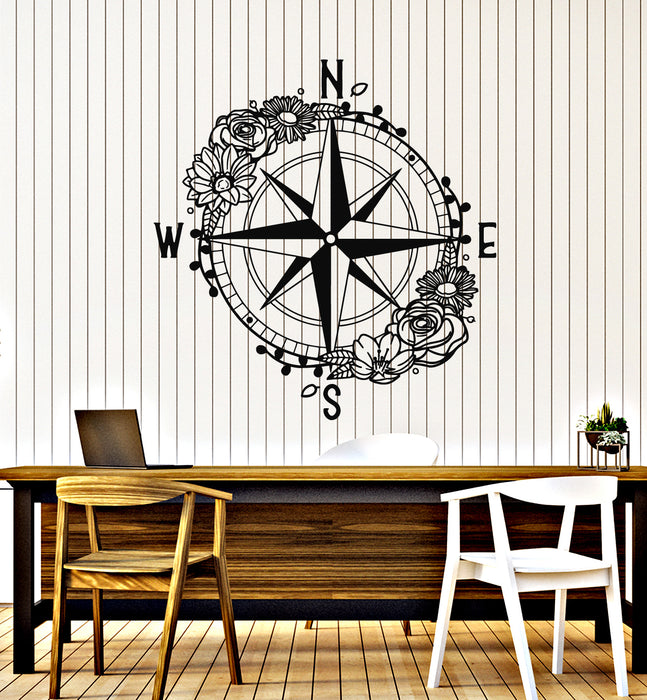 Vinyl Wall Decal Floral Compass Rose of Wind Travel Adventure Stickers Mural (g7201)