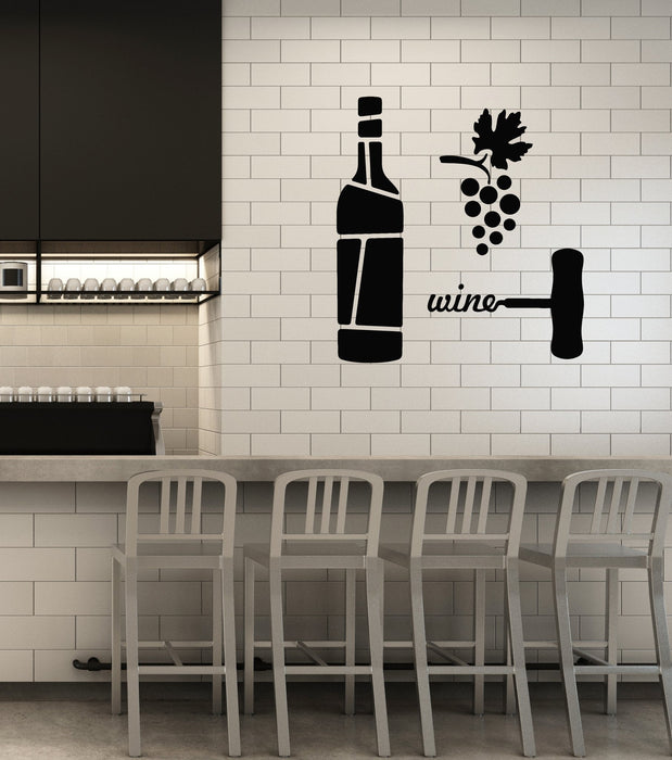 Vinyl Wall Decal Wine Grapes Corkscrew Bottle Restaurant Alcohol Bar Stickers Mural (ig5669)