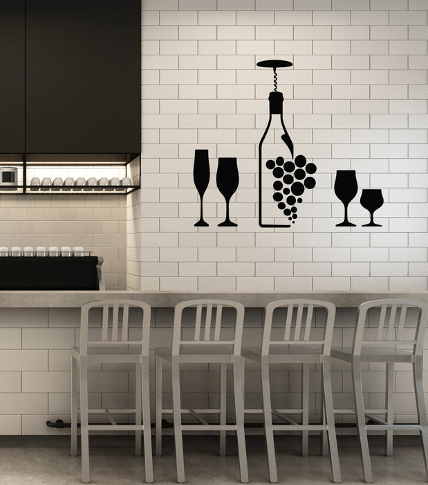 Vinyl Wall Decal Wine Bottle Grape Glasses Bar Dining Room Home Interior Stickers Mural (ig5692)