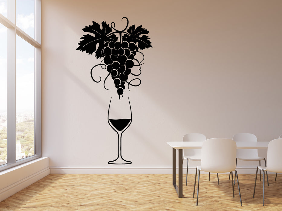 Vinyl Wall Decal Glass Of Wine Grape Branch Vine Alcohol Shop Stickers Mural (g5133)