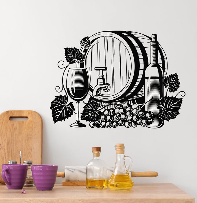 Vinyl Wall Decal Barrel of Wine Vine Grape Alcohol Restaurant Stickers Mural (g6009)