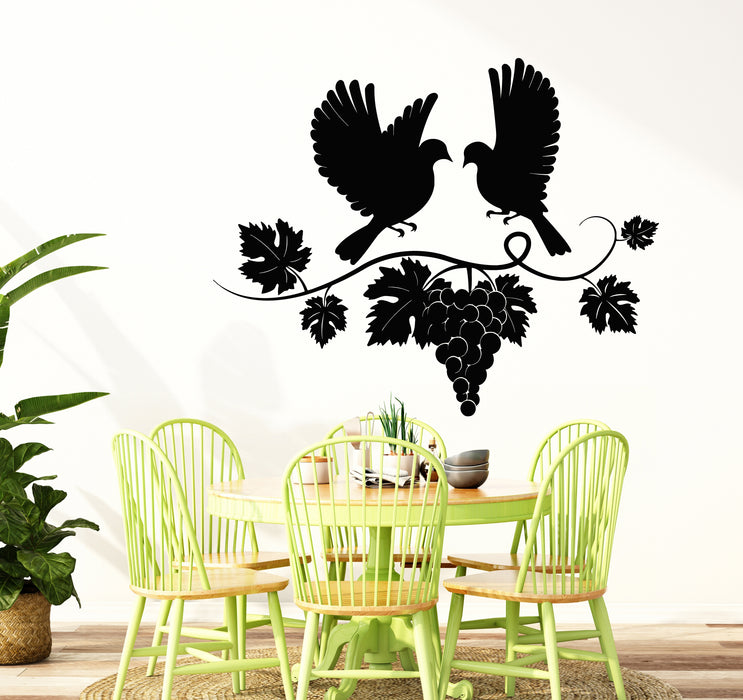 Vinyl Wall Decal Flying Couple Doves Vine Grapes Wine Shop Stickers Mural (g7697)