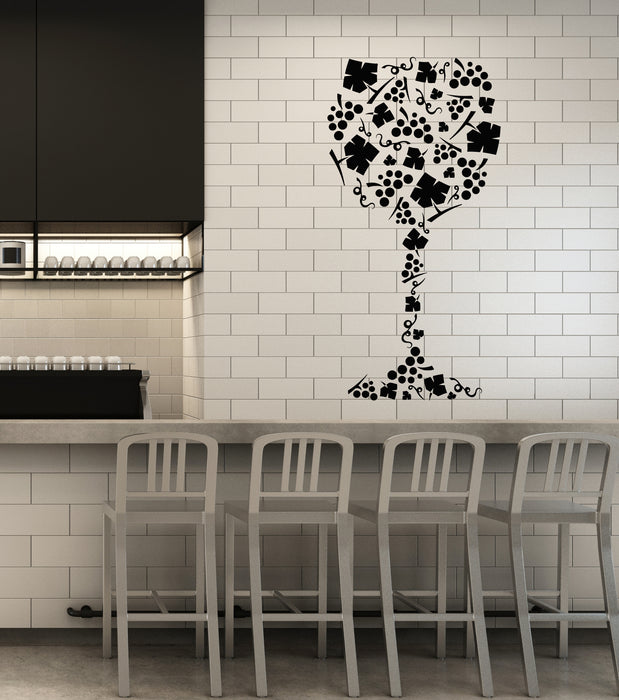 Vinyl Wall Decal Wine Glass Silhouette Vine Grapes Wine Shop Stickers Mural (g7798)