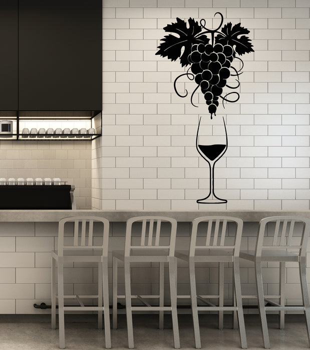Vinyl Wall Decal Glass Of Wine Grape Branch Vine Alcohol Shop Stickers Mural (g5133)