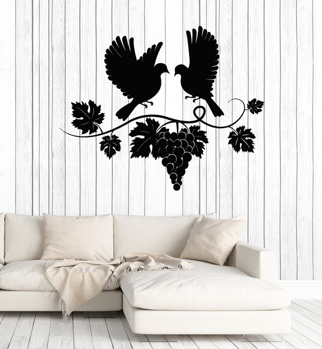 Vinyl Wall Decal Flying Couple Doves Vine Grapes Wine Shop Stickers Mural (g7697)