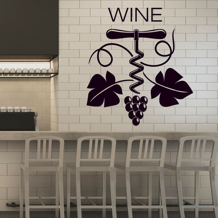 Wine Vinyl Wall Decal Corkscrew Bunches of Grapes Decor for Wine Bars Shops Stickers Mural (k055)