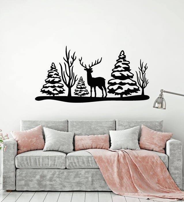 Vinyl Wall Decal Deer Forest Snow Animals Winter Decor Trees Stickers Mural (g4365)