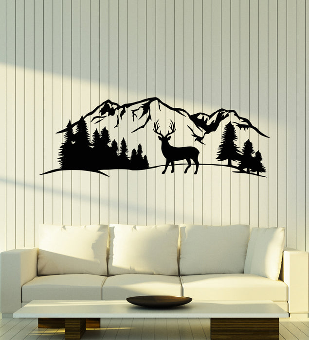 Vinyl Wall Decal Mountains Deer Snow Animal Winter Forest Trees Stickers Mural (g4366)