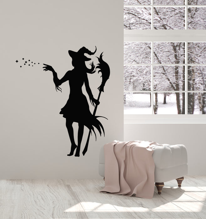 Autocollant mural en vinyle Sorcière magique avec balai Conte de fée Sorcière Autocollants Mural (g1823)