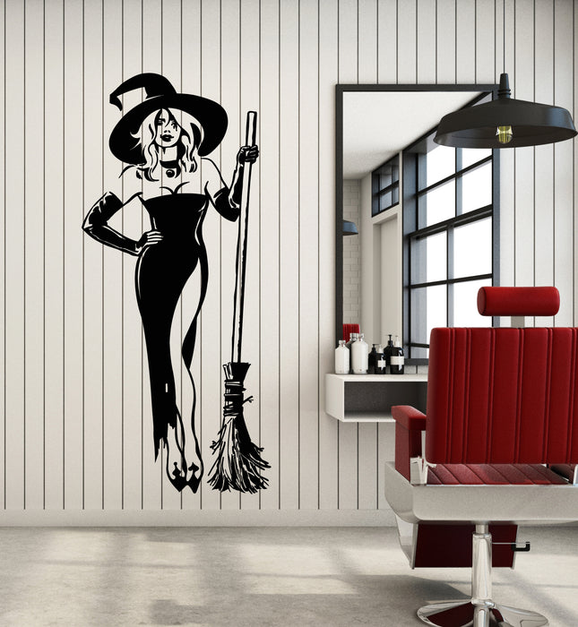 Vinyl Wall Decal Sexy Witchcraft Woman Witch Hat Magic Besom Halloween Stickers Mural (g2539)