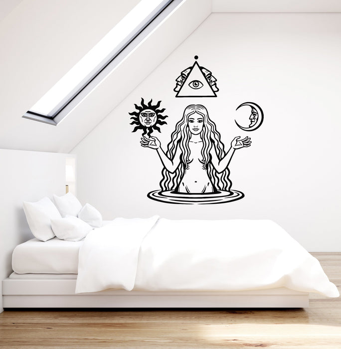 Vinyl Wall Decal Witch Witchcraft Woman Meditation Sun Moon Stickers Mural (ig5243)