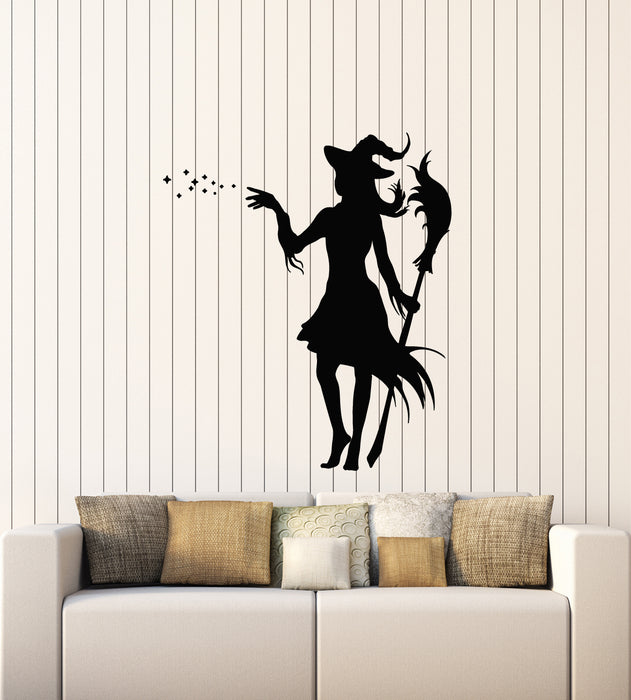 Autocollant mural en vinyle Sorcière magique avec balai Conte de fée Sorcière Autocollants Mural (g1823)