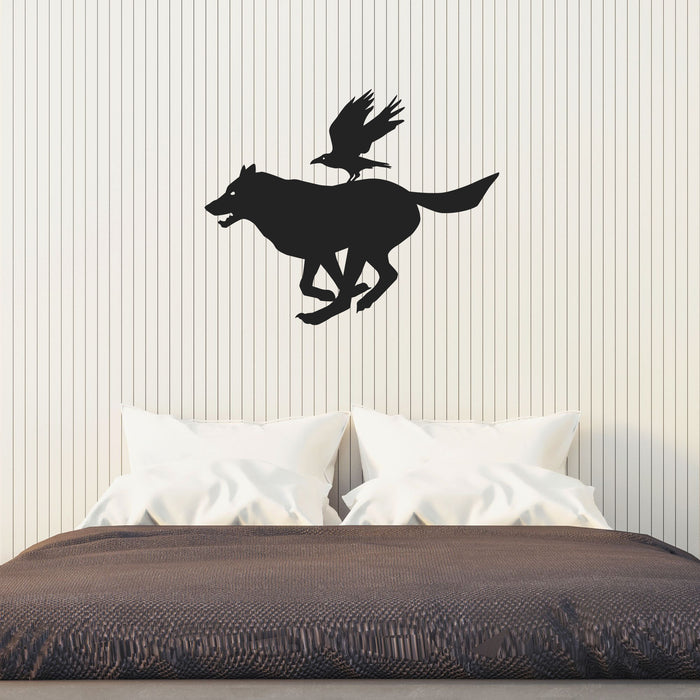 Wolf and Bird Vinyl Wall Decal Running Animal Silhouette Wild Stickers Mural (k355)
