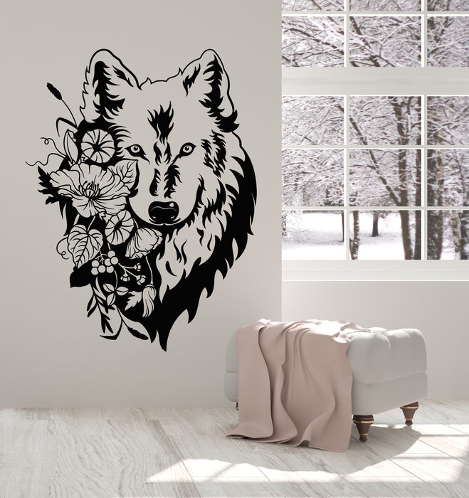 Vinyl Wall Decal Flowers Floral Head Portrait Tribal Wolf Decor Stickers Mural (g6878)