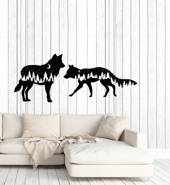 Vinyl Wall Decal Wolf Animals Kids Bedroom Night Moon Fir Trees Stickers Mural (g3956)