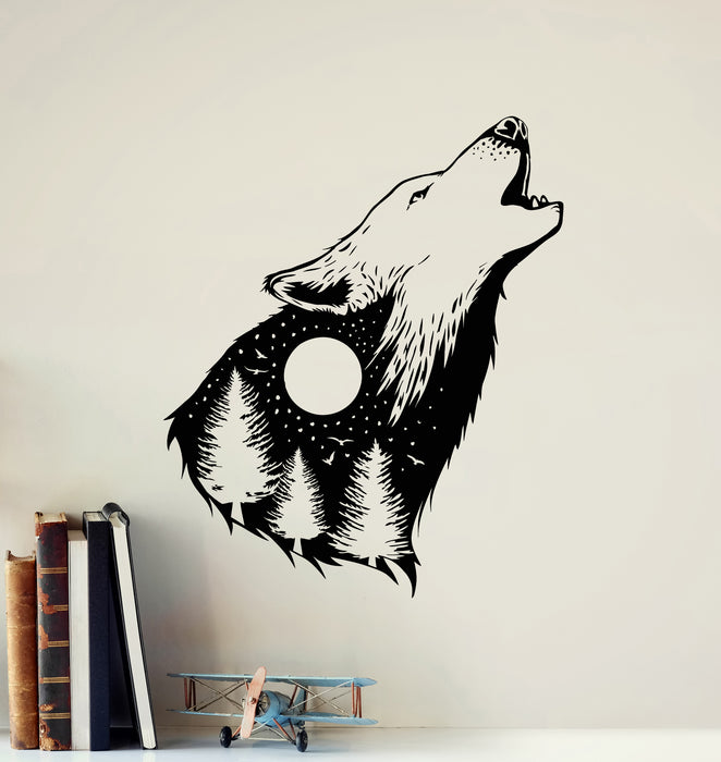 Vinyl Wall Decal Abstract Howling Wolf Head Night Moon Stickers Mural (g6048)