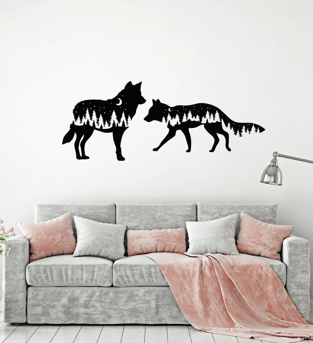 Vinyl Wall Decal Wolf Animals Kids Bedroom Night Moon Fir Trees Stickers Mural (g3956)